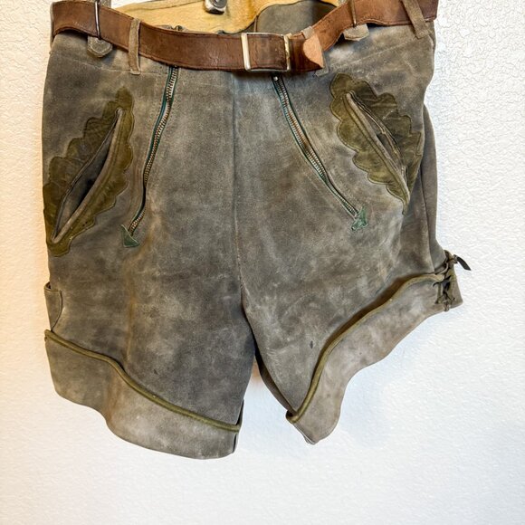 Vintage Green Suede Lederhosen Deer Crest Women's Oktoberfest Folk Costume - Picture 7 of 11